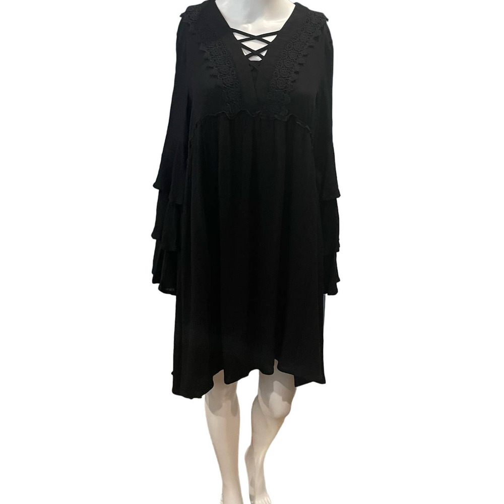 L Love Womens Flowy Dress Size S Black 100% Rayon Lined Lace-Up Neckline